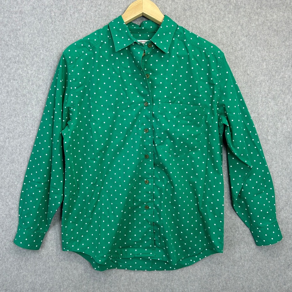 Talbots Small Button Down Shirt Blouse Green Polka Dot Long Sleeve Cotton Retro